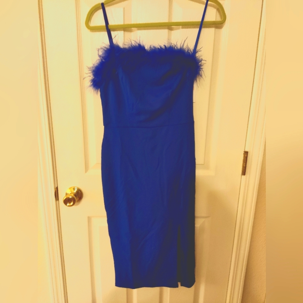 NWT Crystal Sky Women's Feather Cocktail Party Dress Size S Purple/Blue Color